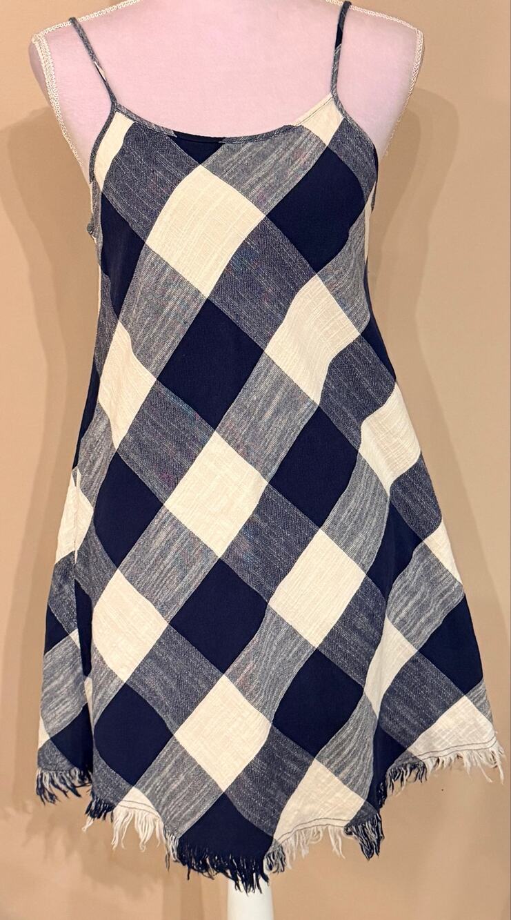 Universal Thread Blue White Gingham Check Mini Dress Size S Cotton Fringed Hem